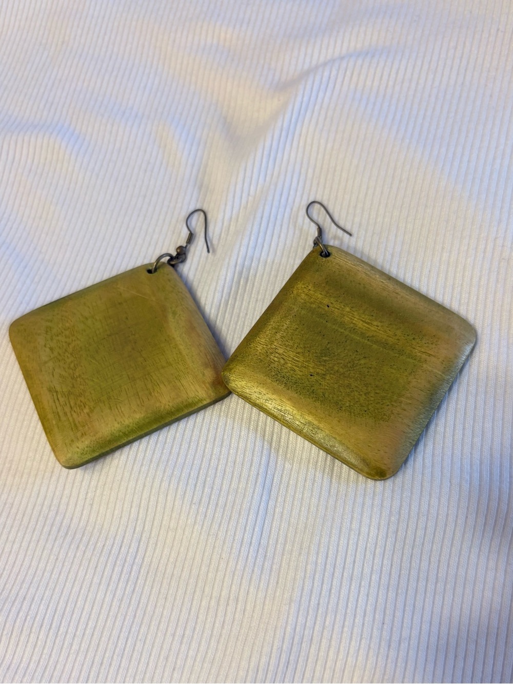 Green Wooden Square Drop Earrings.